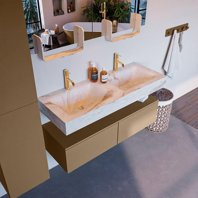 Mondiaz ALAN-DLUX Ensemble de meuble - 120cm - meuble Oro mat - 2 tiroirs - Lavabo Cloud Frappe suspendu - vasque Gauche et droite - 2 trous de robinet