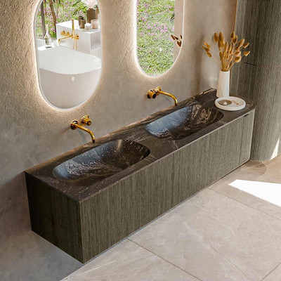 Ensemble de meuble de salle de bain Mondiaz KURVE-DLUX - 175x46x40cm - 2 tiroirs - 1 porte - lavabo en solid surface - double / gauche - sans trou de robinet - Shadow