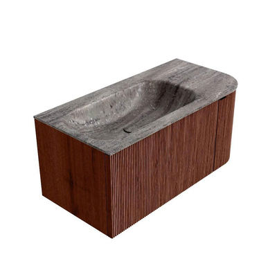 MONDIAZ KURVE-DLUX Meuble de salle de bains 95cm arrondi à droite couleur Ruby avec 1 tiroir et 1 porte. Lavabo BIG SMALL à gauche 1 trou de robinet Oza.