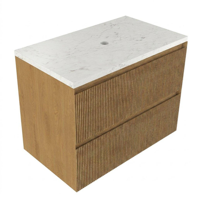 Saniclass Holz Atelier Ensemble meuble de salle de bains - 80x45x63cm - Plan vasque en marbre Dia poli (blanc) - sans trou de robinetterie - 2 tiroirs - chêne natural mat (bois)