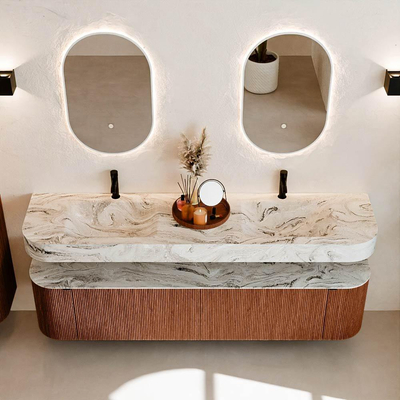 MONDIAZ THOR-DLUX Meuble de salle de bains 190cm arrondi gauche + droite couleur Ruby avec 2 tiroirs et 2 portes. Vasque suspendue CLOUD Double 2 trous de robinet couleur Glace.