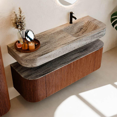 MONDIAZ THOR-DLUX 140cm meuble de salle de bains arrondi gauche + droite couleur Ruby avec 1 tiroir et 2 portes. Vasque suspendue CLOUD Droite 1 trou de robinet couleur Oza.