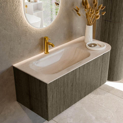 MONDIAZ KURVE-DLUX Meuble de salle de bains 105cm arrondi à droite couleur Shadow avec 1 tiroir et 1 porte. Lavabo BIG SMALL gauche 1 trou de robinet Meli.