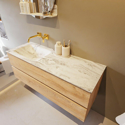 Mondiaz VICA-DLUX Ensemble de meuble de salle de bain - 130cm - meuble sous-vasque chêne blanchi - 2 tiroirs - lavabo encastré cloud gauche - sans trous de robinet - version haute de 60cm - glace