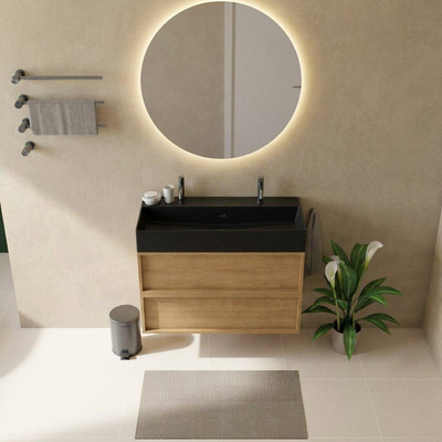 Saniclass Holz Frame Ensemble meuble de salle de bains - 100x45x72cm - lavabo Legend en céramique noir mat - 1 vasque - 2 trous de robinetterie - 2 tiroirs - chêne natural mat (bois)