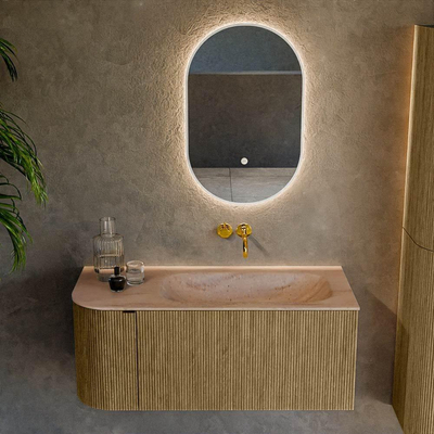 MONDIAZ KURVE-DLUX Meuble de salle de bains 105cm arrondi à gauche couleur Dusk avec 1 tiroir et 1 porte. Lavabo BIG SMALL à droite sans trou de robinet Saba.