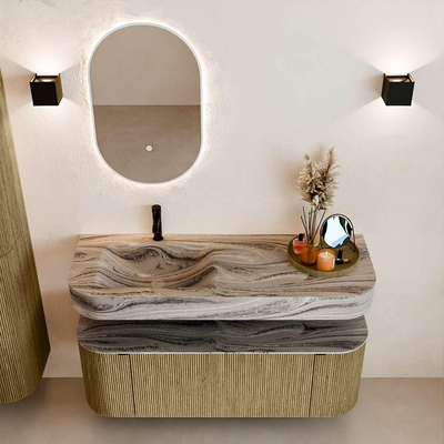 MONDIAZ THOR-DLUX Meuble de salle de bains 130cm arrondi gauche + droite couleur Dusk avec 1 tiroir et 2 portes. Vasque suspendue CLOUD Gauche 1 trou de robinet couleur Sombra.