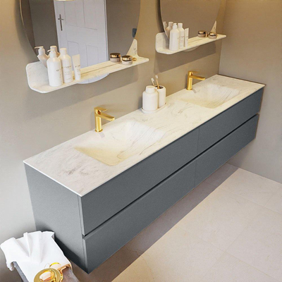 Mondiaz VICA-DLUX ensemble de meuble de salle de bain - 200cm - meuble sous-vasque plata - 4 tiroirs - lavabo encastré cloud double - 2 trous de robinet - version haute de 60cm - opalo