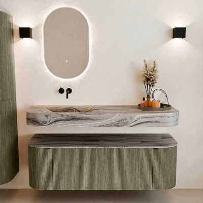 MONDIAZ THOR-DLUX 140cm meuble de salle de bains arrondi gauche + droite couleur Shadow avec 1 tiroir et 2 portes. Vasque suspendue CLOUD Gauche sans trou de robinet couleur Sombra.