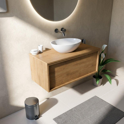 Saniclass Holz Frame Ensemble meuble de salle de bains - 100x45x42cm - plan de travail en bois - sans trou de robinet - 1 tiroir - chêne naturel mat (bois)