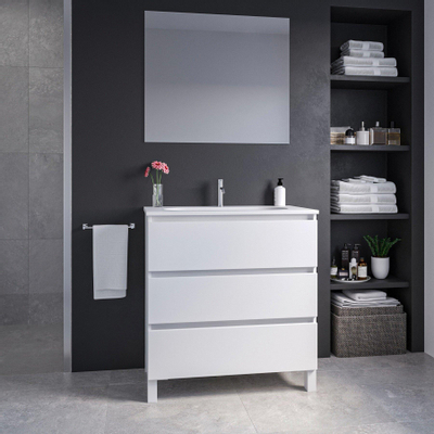 Adema Chaci PLUS Ensemble de meuble - 79.5x86x45.9cm - 1 vasque ovale en céramique Blanc - 1 trou de robinet - 3 tiroirs - miroir rectangulaire - Blanc mat