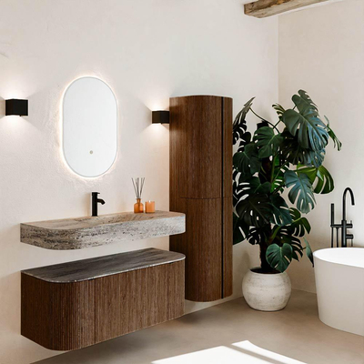 MONDIAZ THOR-DLUX 110cm badmeubel ronding links + rechts kleur Walnut met 1 lade en 2 deuren. Vrijhangende wastafel CLOUD Midden 1 kraangat kleur Oza.