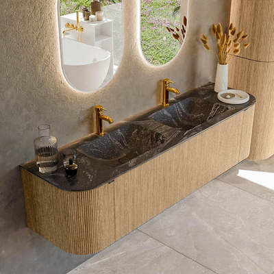 MONDIAZ KURVE-DLUX 170cm badmeubel met module 25 Len R kleur Oak met 1 lade en 2 deuren. Wastafel LEAF dubbel 2 kraangaten kleur Lava.