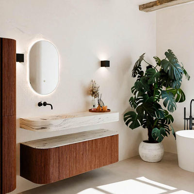 MONDIAZ THOR-DLUX 140cm meuble de salle de bains arrondi gauche + droite couleur Ruby avec 1 tiroir et 2 portes. Vasque suspendue CLOUD Gauche sans trou de robinet couleur Nata.