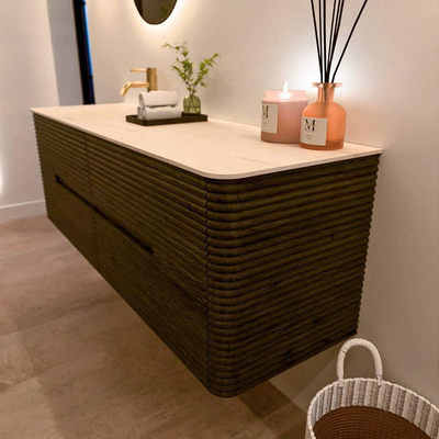 Mondiaz CIRO-DLUX Meuble de salle de bains - 150x45x50cm - Plan-vasque solid surface Meli - 1 vasque à gauche - 1 trou de robinet - 4 tiroirs - Shadow