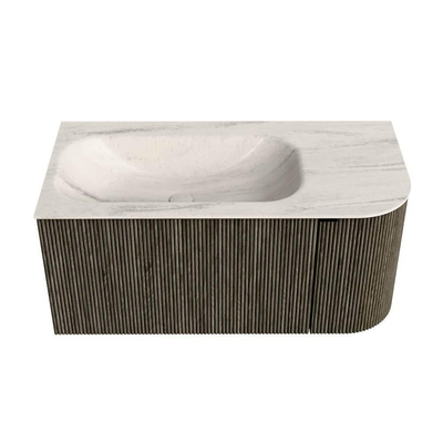 MONDIAZ KURVE-DLUX Meuble de salle de bains 95cm arrondi à droite couleur Shadow avec 1 tiroir et 1 porte. Lavabo BIG SMALL à gauche 1 trou de robinet Meli.