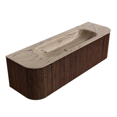 MONDIAZ KURVE-DLUX meuble de salle de bains 150cm arrondi Gauche + Droite couleur Walnut avec 1 tiroir et 2 portes. Lavabo BIG MEDIUM Central 1 trou de robinet Arena.