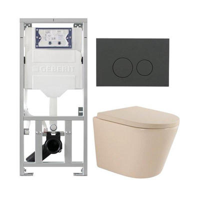 QeramiQ Dely Toiletset - 36.3x51.7cm - diepspoel - rimless - Geberit UP320 inbouwreservoir - softclose toilet zitting 35 mm - bedieningsplaat mat antraciet - ronde knoppen - mat beige