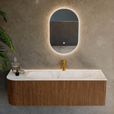 MONDIAZ KURVE-DLUX 145cm Meuble salle de bain avec module 25 G - couleur Walnut - 1 tiroir - 1 porte - vasque BIG LARGE droite - 1 trou de robinet - couleur Frappe