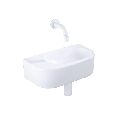 QeramiQ Fuente Fonteinset - 40x21.5x12cm - glad - halfrond - keramiek - fonteinkraan wit mat - afvoerplug - verlaagd sifon - wit mat