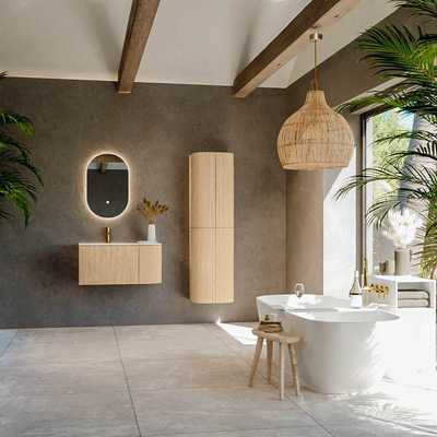 MONDIAZ KURVE 85cm Meuble salle de bain avec module 25 D - couleur Oak - 1 tiroir - 1 porte - vasque CLOUD gauche - 1 trou de robinet - Talc