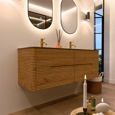 Mondiaz CIRO-DLUX Meuble de salle de bains - 140x45x50cm - Plan vasque solid surface Oza - 2 vasques Double - 2 trous de robinetterie - 4 tiroirs - Chêne