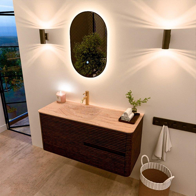 Mondiaz CIRO-DLUX Badkamermeubelset - 110x45x50cm - Solid surface wastafel Saba - 1 wasbak Links - 1 kraangat - 2 lades - Walnut