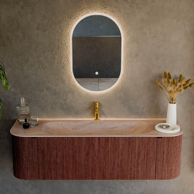 MONDIAZ KURVE-DLUX 150cm badmeubel ronding Links + Rechts kleur Ruby met 1 lade en 2 deuren. Wastafel BIG MEDIUM Midden 1 kraangat Saba.