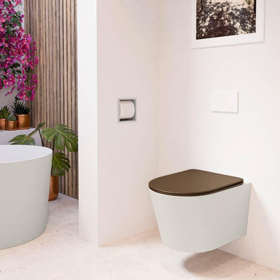 Mondiaz LAVIE hangtoilet – spoelrandloos – 36 x 53 cm – met softclose zitting – Linen (offwhite), zitting Rust (bruin)