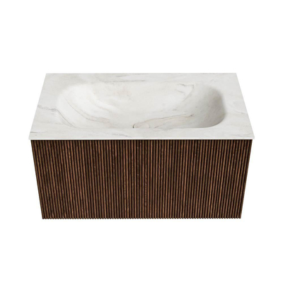 MONDIAZ KURVE-DLUX Meuble de salle de bains 80cm couleur Walnut avec 1 tiroir. Lavabo BIG SMALL central 1 trou de robinet couleur Ostra.