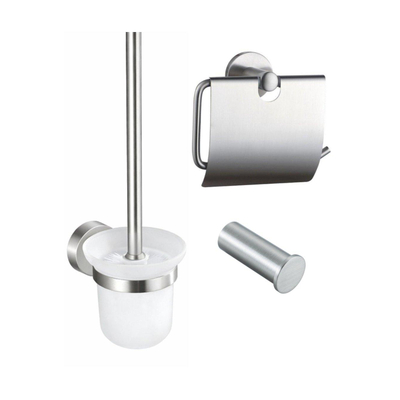 Fortifura Calvi Toiletset 3-delig - toiletrolhouder - met klep - toiletborstel - handdoekhaak enkel rond - PVD - geborsteld RVS