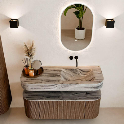 MONDIAZ THOR-DLUX 120cm badmeubel ronding links + rechts kleur Walnut met 1 lade en 2 deuren. Vrijhangende wastafel CLOUD Rechts zonder kraangat kleur Sombra.