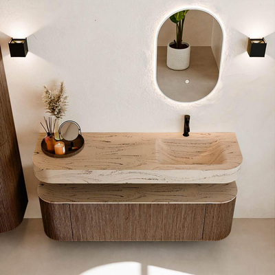 MONDIAZ THOR-DLUX 150cm meuble de salle de bains arrondi gauche + droite couleur Walnut avec 1 tiroir et 2 portes. Vasque suspendue CLOUD Droite 1 trou de robinet couleur Arena.