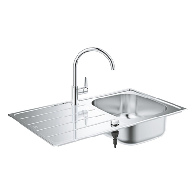 Grohe K200 Spoelbak - met afdruipgedeelte - inclusief BauEdge eengreeps mengkraan - hoge uitloop - eengatsmontage - Longlife keramische cartouche 28mm - mousseur - draaibare buisuitloop 360 graden - StarLight chroom