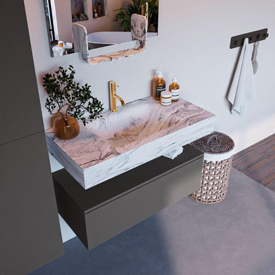 Mondiaz ALAN-DLUX Ensemble de meuble - 90cm - meuble Dark grey mat - 1 tiroir - Lavabo Cloud Glace suspendu - vasque Centre - 1 trou de robinet
