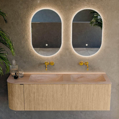 MONDIAZ KURVE-DLUX 145cm badmeubel ronding Links kleur Oak met 1 lade en 1 deur. Wastafel LEAF Dubbel / Rechts zonder kraangat Saba.