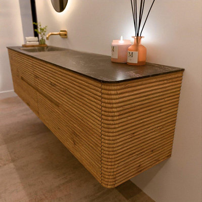 Mondiaz CIRO-DLUX Ensemble de meubles de salle de bains - 190x45x50cm - Plan-vasque solid surface Lava - 1 vasque à gauche - sans trous de robinet - 4 tiroirs - Chêne