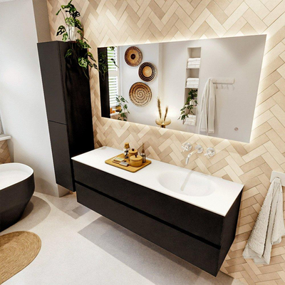 MONDIAZ VICA meuble sous lavabo 150cm Urban 2 tiroirs. Lavabo MOON à droite sans trou de robinet, couleur Talc.