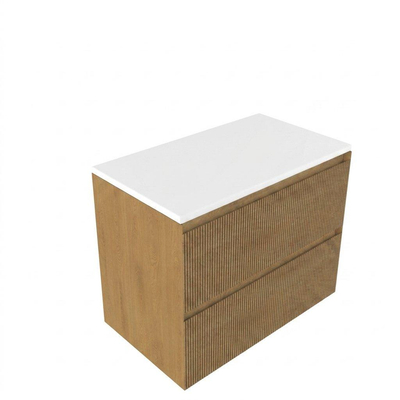 Saniclass Holz Atelier Ensemble meuble de salle de bains - 80x45x62.5cm - Plan supérieur Torino en solid surface blanc - sans trou de robinet - 2 tiroirs - chêne naturel mat (bois)