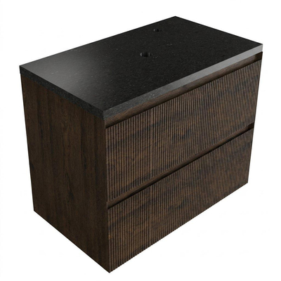 Saniclass Holz Atelier Ensemble de meubles de salle de bains - 80x45x63cm - Plan vasque en basalte Noche poli (noir) - 1 trou de robinetterie - 2 tiroirs - chêne charcoal mat (bois)