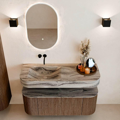 MONDIAZ THOR-DLUX 120cm badmeubel ronding links + rechts kleur Walnut met 1 lade en 2 deuren. Vrijhangende wastafel CLOUD Links zonder kraangat kleur Sombra.