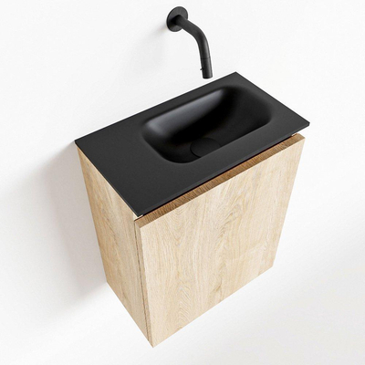 MONDIAZ TURE Fonteinset - 40x23x50cm - 0 kraangaten - 1 deur - washed oak mat - Wasbak rechts - Solid Surface Zwart