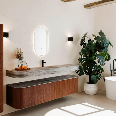 MONDIAZ THOR-DLUX Meuble de salle de bains 190cm arrondi gauche + droite couleur Ruby avec 2 tiroirs et 2 portes. Vasque suspendue CLOUD Milieu 1 trou de robinet couleur Sombra.