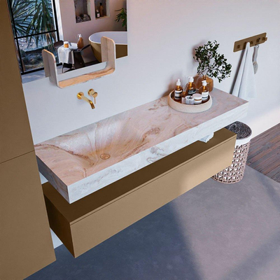 Mondiaz ALAN-DLUX Ensemble de meuble - 150cm - meuble Oro mat - 1 tiroir - Lavabo Cloud Frappe suspendu - vasque Gauche - 0 trous de robinet