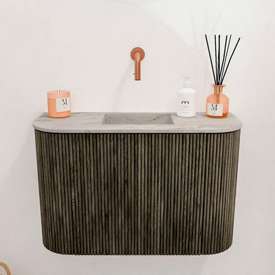 Mondiaz JOYA-DLUX Meuble de salle de bains - 63,2cm - arrondi gauche et droite couleur Shadow - Vasque FAYE position Milieu Sans trou de robinet couleur Glace