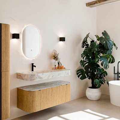 MONDIAZ THOR-DLUX 120cm meuble de salle de bains arrondi gauche + droite couleur Chêne avec 1 tiroir et 2 portes. Vasque suspendue CLOUD Gauche 1 trou de robinet couleur Glace.