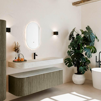 MONDIAZ THOR-DLUX 150cm meuble de salle de bains arrondi gauche + droite couleur Shadow avec 1 tiroir et 2 portes. Vasque suspendue CLOUD Milieu 1 trou de robinet couleur Opalo.