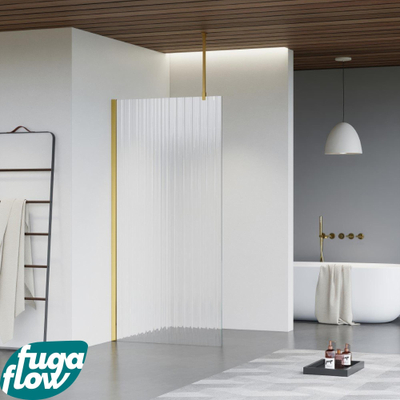 FugaFlow Eccelente Vetro douche à l'italienne salle de bain - 140x200cm - verre strié - bras plafond - laiton brossé