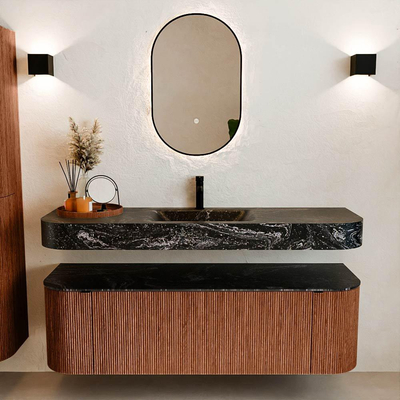 MONDIAZ THOR-DLUX 150cm meuble de salle de bains arrondi gauche + droite couleur Ruby avec 1 tiroir et 2 portes. Vasque suspendue CLOUD Milieu 1 trou de robinet couleur Lava.