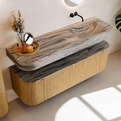 MONDIAZ THOR-DLUX 150cm meuble de salle de bains arrondi gauche + droite couleur Oak avec 1 tiroir et 2 portes. Vasque suspendue CLOUD droite sans trou de robinet couleur Sombra.